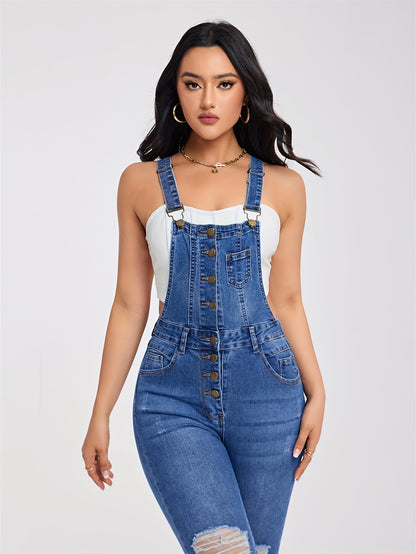 Chic Ripped Denim Overalls for Women - Adjustable Buckle-Strap, Comfort Stretch, Easy-Care | Casual Solid Color Jumpsuit for Spring to Fall