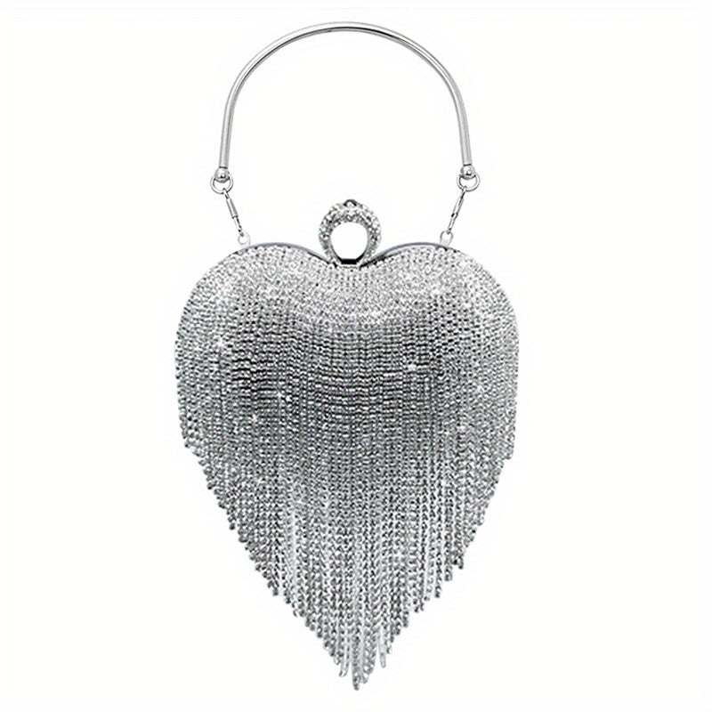 Glamorous Rhinestone Heart Clutch - Sparkling Evening Bag with Tassel Accent - Perfect for Wedding & Party Events - Secure Top Ring Closure