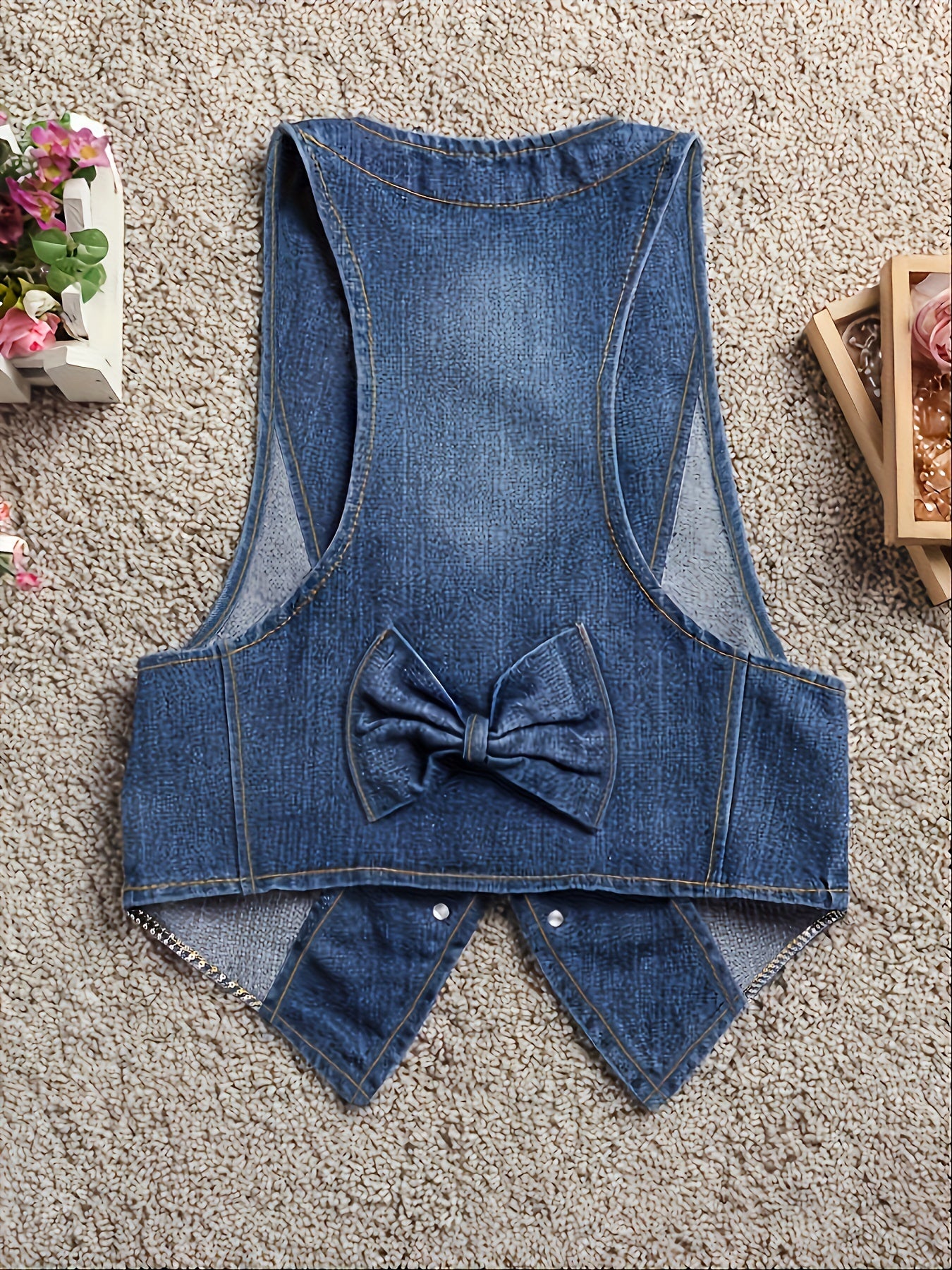 Women's Sleeveless Denim Vest, Casual Style, Bow Detail, Short Waistcoat, Spring/Autumn Outerwear, Fashion Trendy Jacket