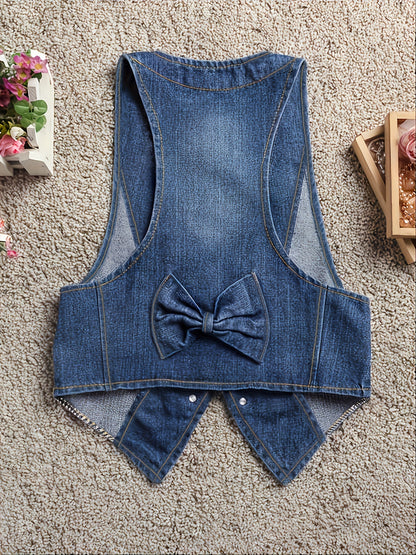 Women's Sleeveless Denim Vest, Casual Style, Bow Detail, Short Waistcoat, Spring/Autumn Outerwear, Fashion Trendy Jacket