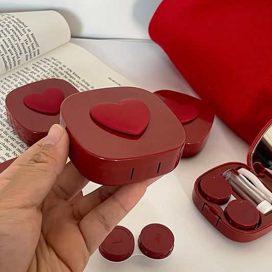 Burgundy Heart-Shaped Deluxe Contact Lens Case - Travel Accessories for Myopia Management - Portable, Durable, and Stylish Companion with Mirror and Accessories for Easy Lens Care on-the-go