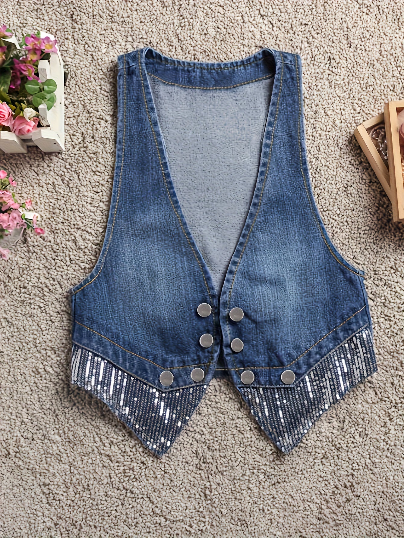 Chic Sequined Sleeveless Denim Vest - Deep V Neck, Slim Fit Crop Top, Casual Women's Fashion for Spring/Fall