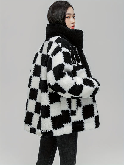 Checkered Pattern Zipper Stand Collar Down Jacket, Casual Long Sleeve Down Jacket For Winter, Women's Clothing