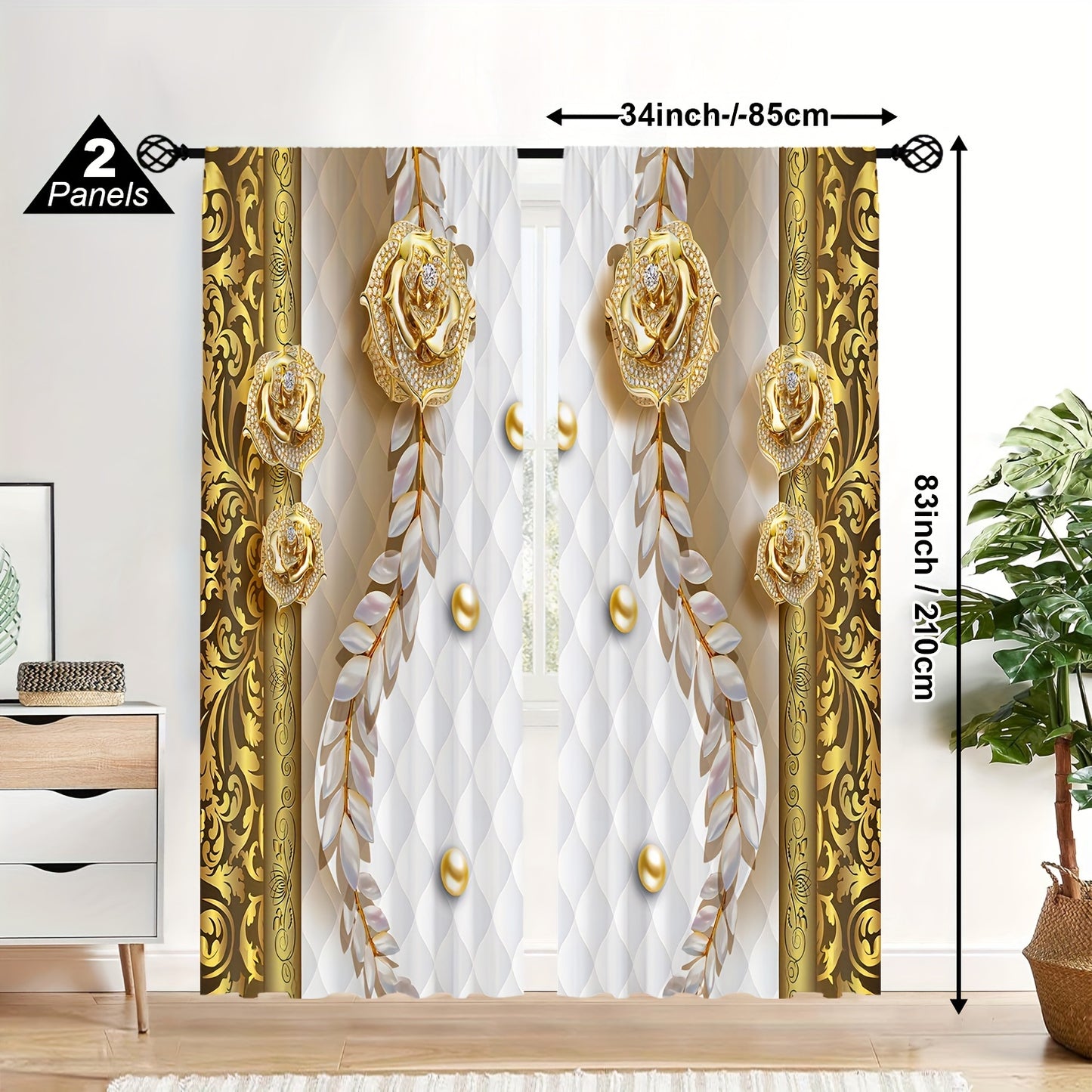 2pcs Modern European Style 3D Curtain Three-dimensional Golden Flower Semi Blackout Curtain For Bedroom Living Room Window Kitchen Office Home Decoration