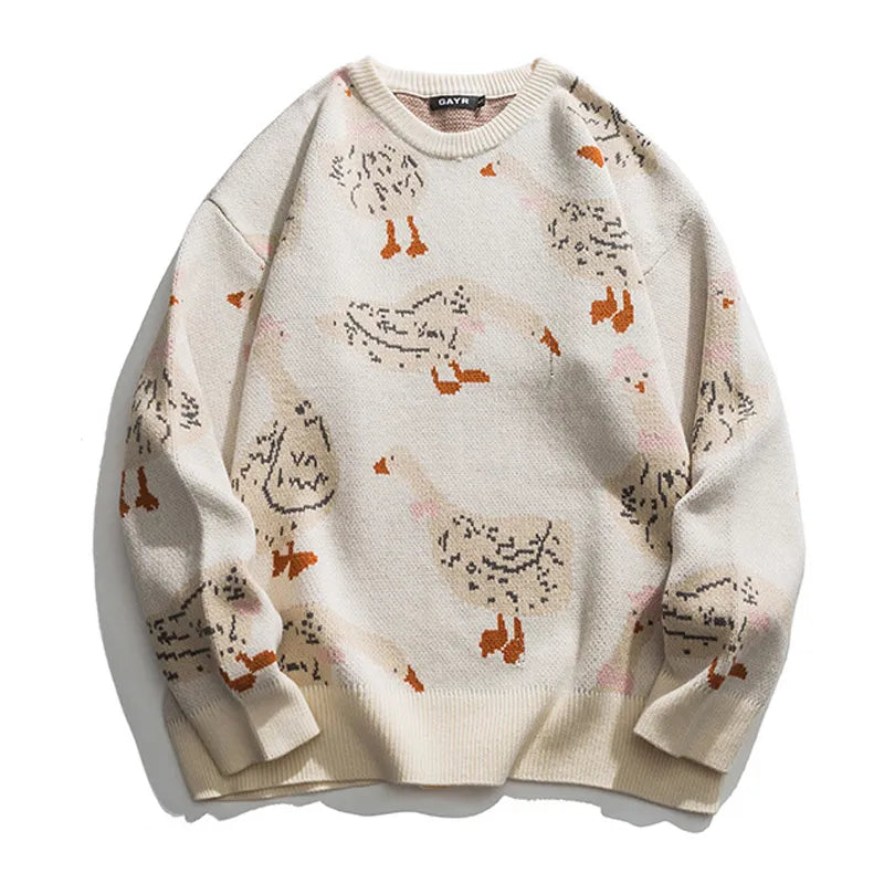 Mens Sweaters Japanese Knitted Sweater Men Cartoon Animal Duck Goose Print Pullover Harajuku Casual Oneck Oversize Top Streetwear Unisex Fall 221008