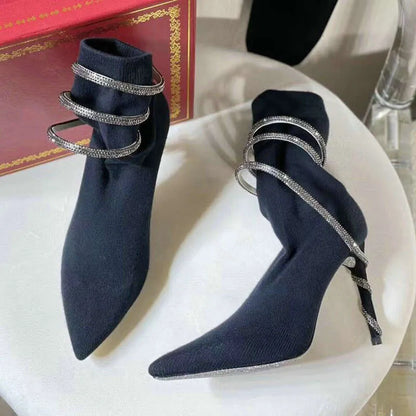 Autumn And Winter New Snake-Shaped High-Heeled Elastic Diamond Socks Knit Short Boots Kq8