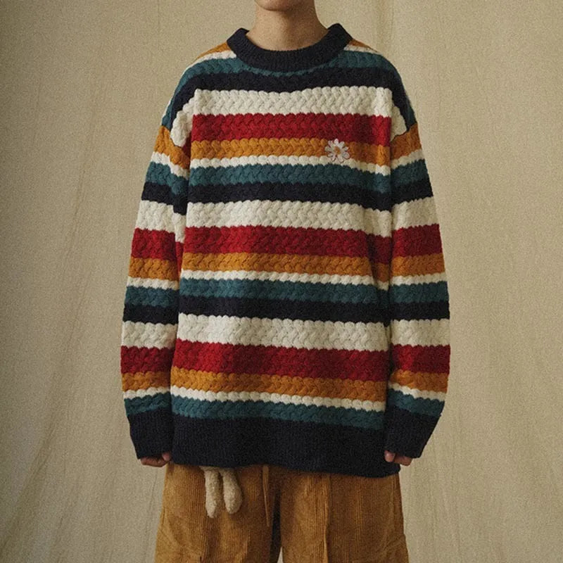 Mens Sweaters Harajuku Streetwear Daisy Rainbow Striped Vintage Knitted Sweater Autumn Winter Loose Thicken Warm Hip Hop Pullover Sweater Men 221008