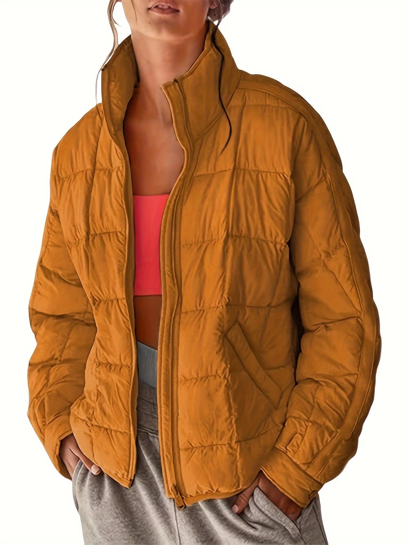 Women's Quilted Puffer Jacket Zip Up Oversized Lightweight Padded Down Coat Outerwear