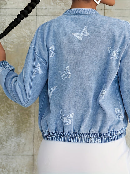 Women's Casual Style Denim Jacket with Zipper Closure, Light Blue with White Butterfly Print, Fashionable Jean Top for Everyday Wear