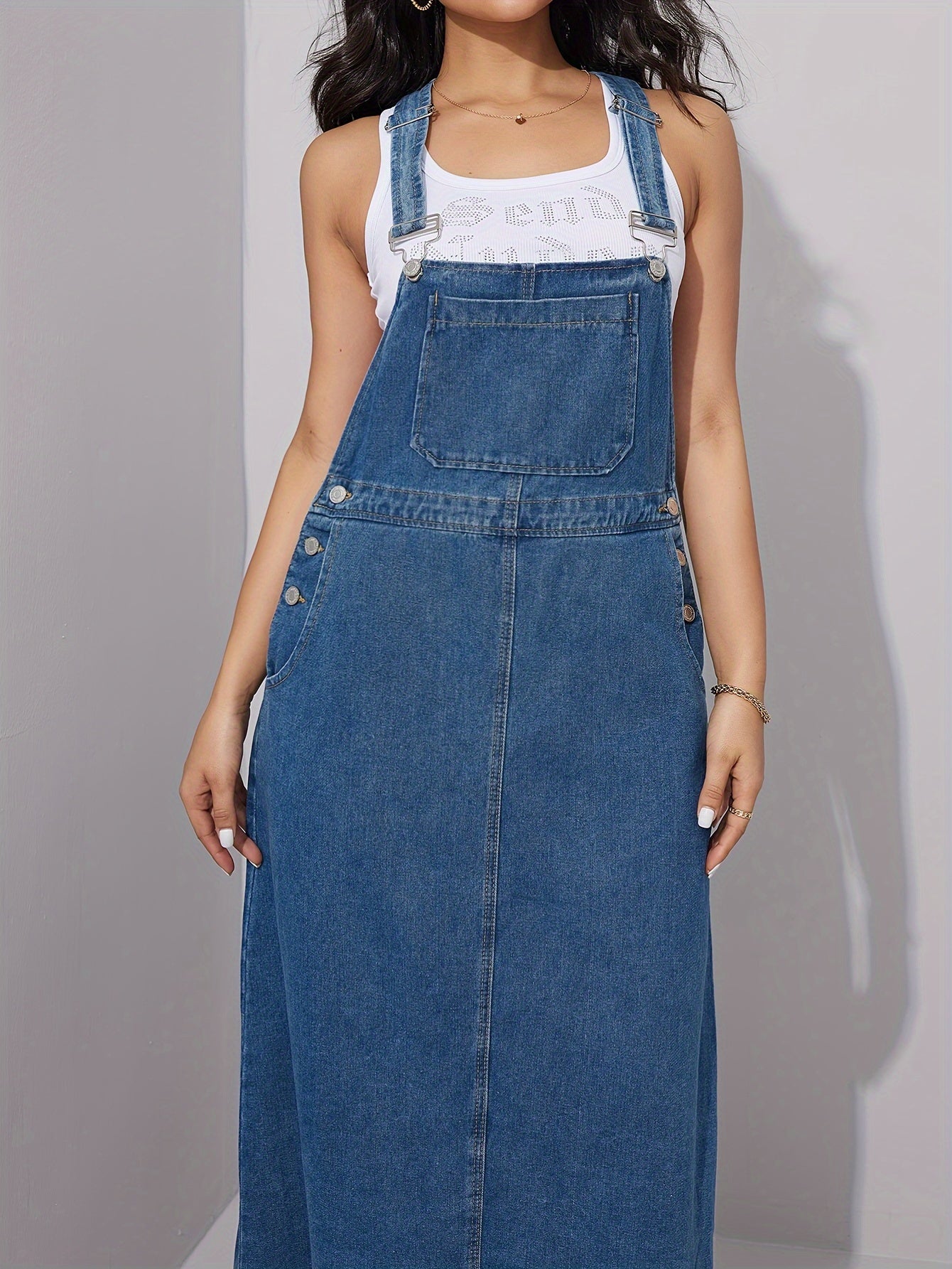 Chic Blue Distressed Denim Overall Dress - Adjustable Straps, Loose Maxi Fit, Stylish Womens Jeans Clothing