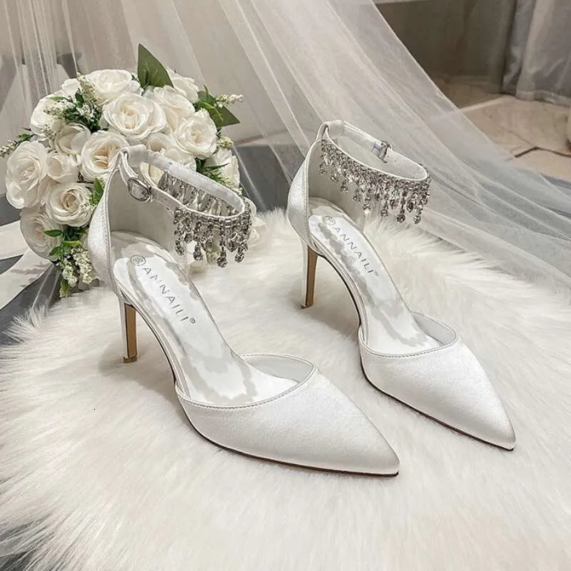 White Wedding Heels Women's Stiletto Bridal With Rhinestone Chain Pointed Toe Sandal Bridesmaid Shoes Kq8