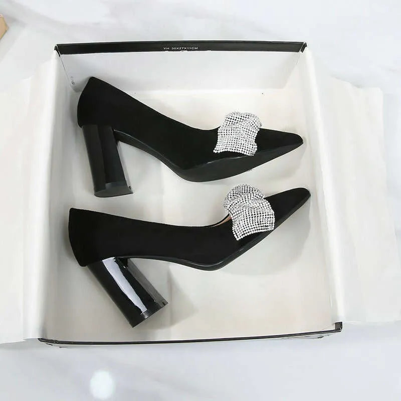 New Rhinestone Pumps Crystal High Heels Black Pointy Thick With Professional Work Interview Women's Single Shoes Kq8