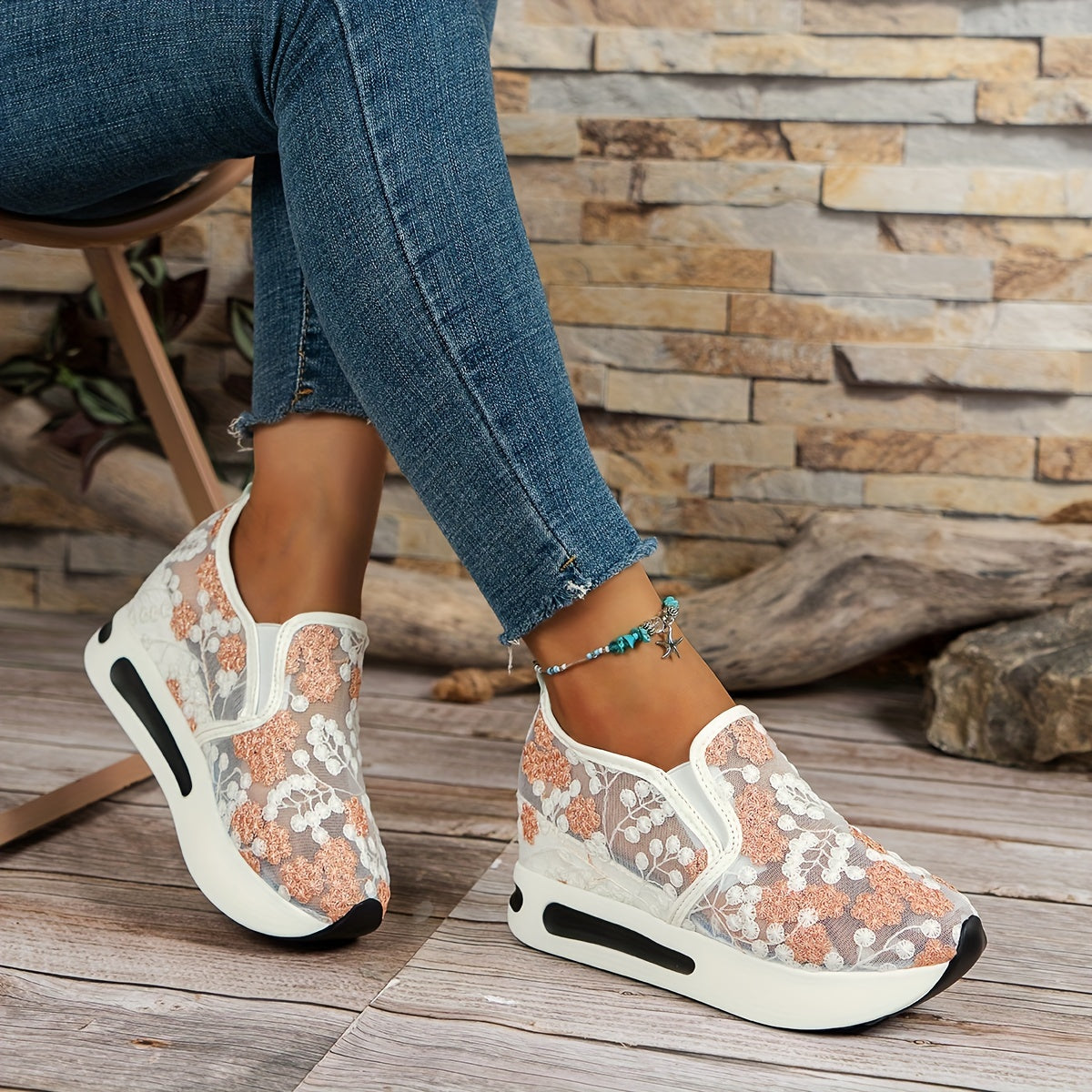 Womens Floral Lace Charm - Casual Height Enhancing Slip-On Shoes with Stylish Platform - Versatile Low Top for Everyday Elegance