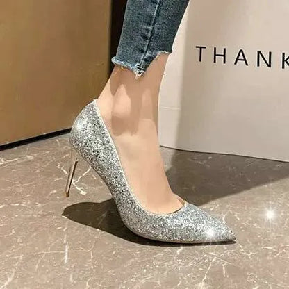 New French Bridal Wedding Crystal Sequin Pumps Glitter Pointy High Bridesmaid Shoes Slim Heels Kq8