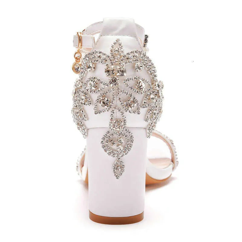 Summer 7Cm Thick Heel Shallow Mouth One Line With Beaded Sandals White Rhinester Tassel Bridal Wedding Shoes Kq8