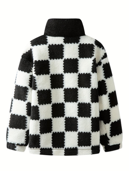 Checkered Pattern Zipper Stand Collar Down Jacket, Casual Long Sleeve Down Jacket For Winter, Women's Clothing