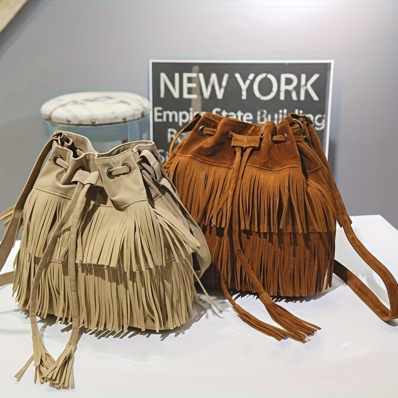 Vintage-Inspired Tassel Bucket Bag - Shoulder Bag with Drawstring Closure, Crossbody Strap, Simple Design for Travel, Daily Use, and Casual Outings - Stylish, Spacious, and Versatile Accessory