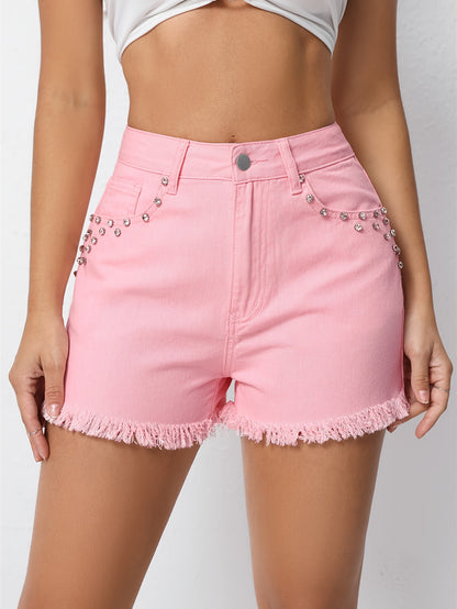 Womens Sparkling Rhinestone Denim Shorts - Distressed Frayed Hem, Stylish Casual Summer Chic, Trendy Hot Pants for a Fashionable Look