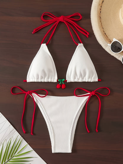 Charming Cherry Triangle Bikini Set - Adjustable Tie Back & Side, Racy Backless, High Cut Swimsuit for Womens Fashionable Beachwear