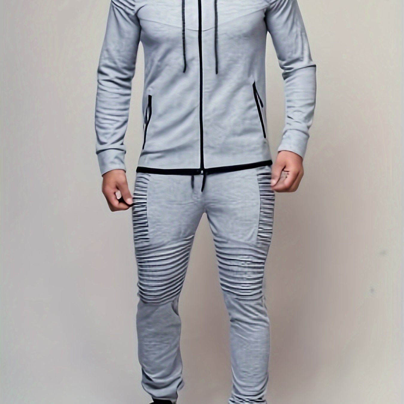 2PCS Mens Casual Sweatsuits - Solid Color Long Sleeve Hoodie with Zip Pockets and Relaxed Fit Straps Pants for Everyday Wear - Comfortable and Stylish Loungewear Set