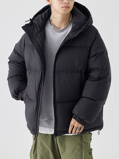 Men's Loose Solid Down Jacket With Pockets, Casual Breathable Zip Up Long Sleeve Warm Hooded Outwear For Winter Outdoor Activities
