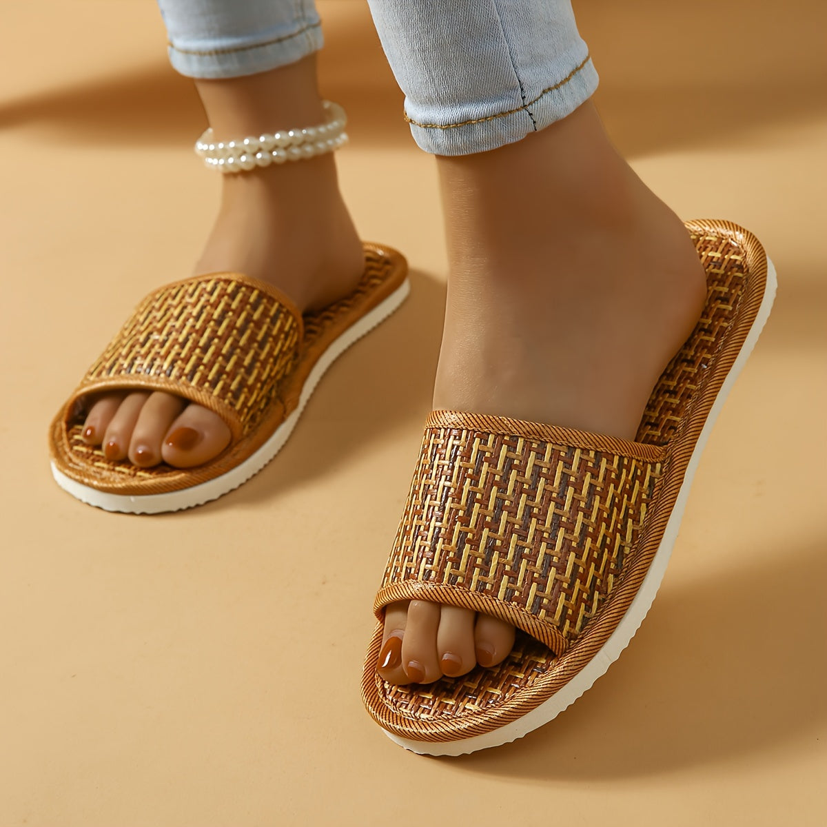 Cozy Rattan Slippers - Soft Linen Lined, Open-Toe, Slip-On Design, Comfortable Indoor Shoes for Relaxation - Perfect for Home, Spa, or Poolside