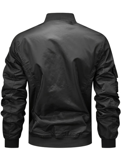 Men's Solid Long Sleeve And Zipper Down Cargo Jacket With Stand Collar And Flap Pockets, Versatile And Chic Jacket For Spring And Autumn Outdoors Wear