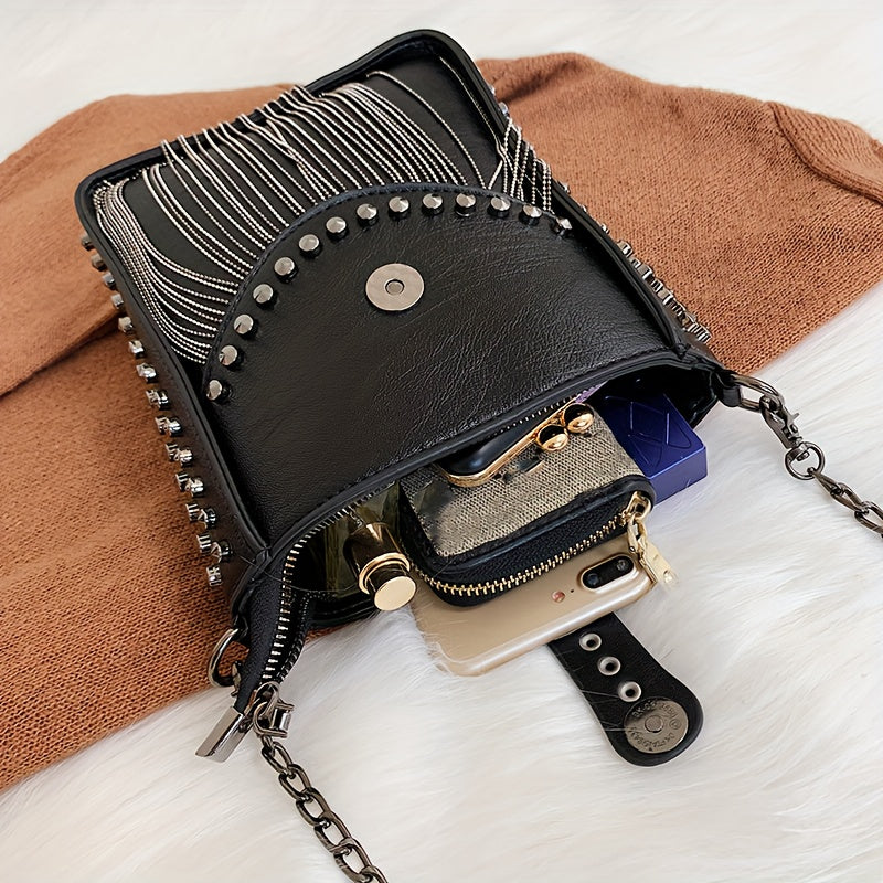 Trendy Punk Style Mini Bucket Bag - Fringe & Studded Accent, Premium PU Leather, Tassel Charm, Adjustable Chain Crossbody Strap for Fashion-Forward Women