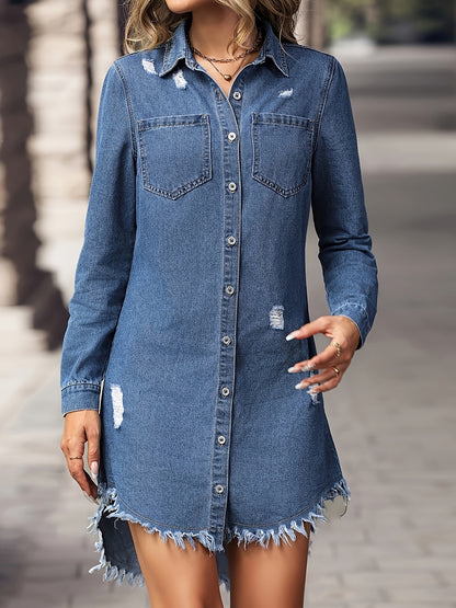 Women's Ripped Raw Hem Long Sleeve Single-breasted Elegant Plain Washed Blue Fashion Denim Dress