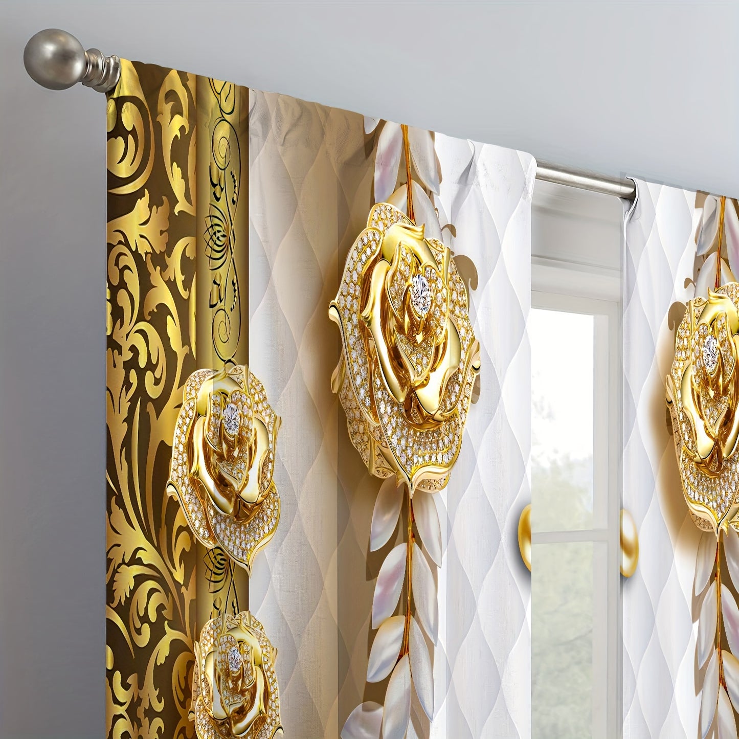 2pcs Modern European Style 3D Curtain Three-dimensional Golden Flower Semi Blackout Curtain For Bedroom Living Room Window Kitchen Office Home Decoration