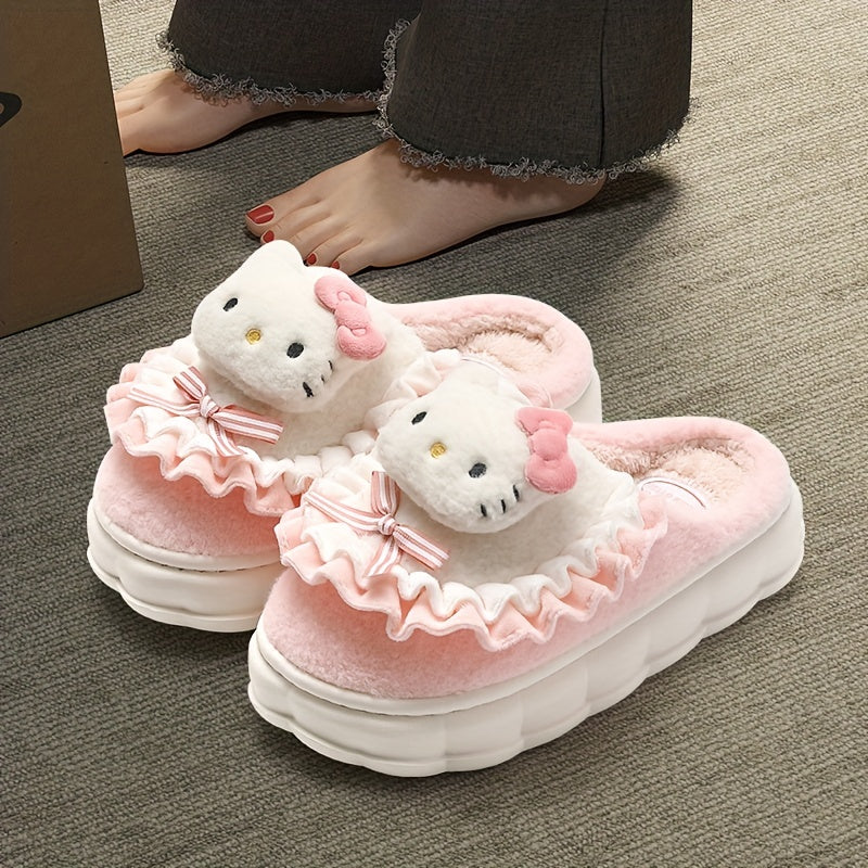 Adorable Sanrio Hello Kitty & Melody Plush Slippers - Soft, Fuzzy, Non-Slip, Warm, Cozy, Slip-On Indoor Shoes for Women and Girls - Perfect for Home, Lounge, or Relaxation