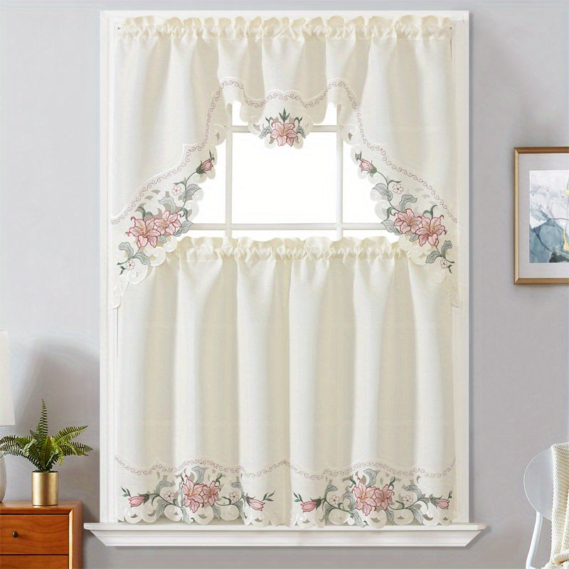 3-Piece Polyester Beige Floral Embroidered Window Curtains - Perfect for Home Decoration in Bedroom, Living Room, Kitchen & More!