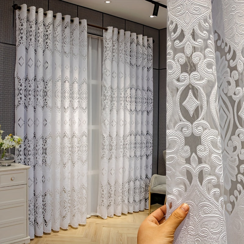 1pc Elegant European Style Jacquard Curtain For Home Decor - White Hollow Design For Bedroom, Office, Kitchen, Living Room, And Study