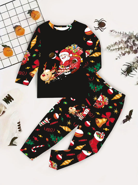 Children'S Christmas Santa Claus Pattern Long Sleeve Suit, For Outdoor