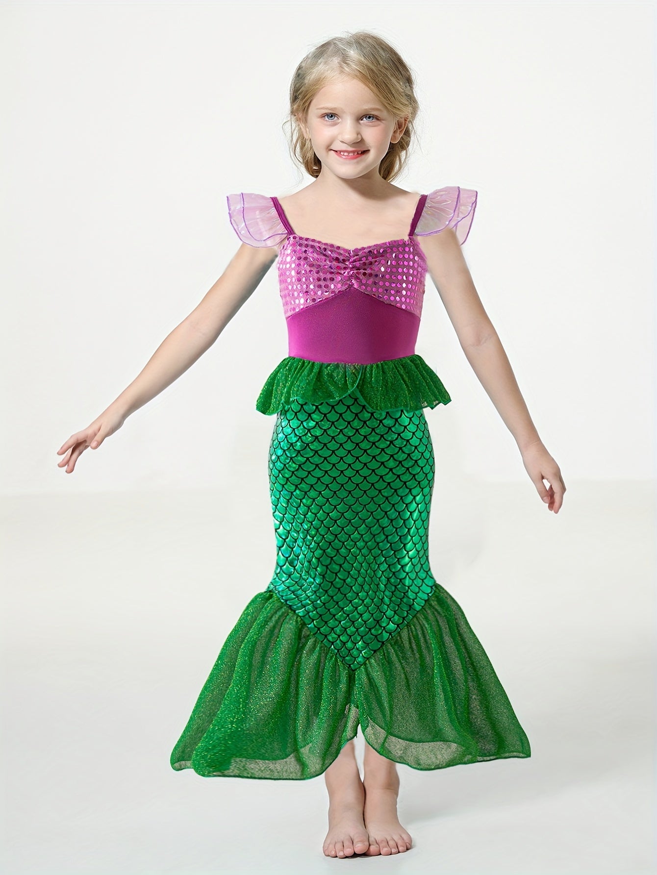 Girls Cartoon Mermaid Princess Dress Up Clothing, Flutter Sleeve Sequin Decor Peplum Mermaid Tail Dress For Pool Party