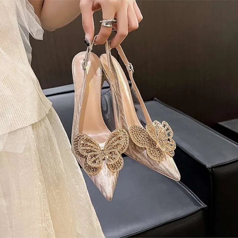 New High Heels Pointy Crystal Butterfly Wedding Shoes French Fashion Pumps Bridesmaid Sandals Kq8