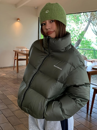 Letter Pattern Down Jacket, Thickened Stand Collar Warm Puffer Jacket, Women's Activewear