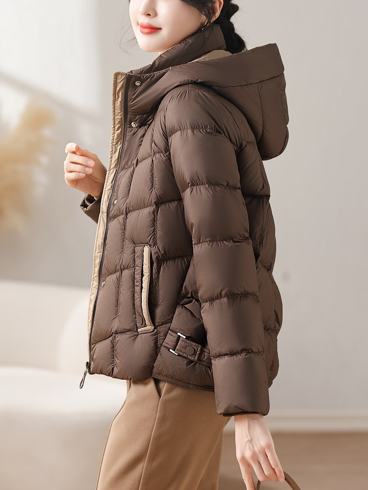 Winter New Arrival: Women's Puffer Jacket with Hood - Duck Down Filling, Polyester Fabric, Regular Fit, Long Sleeves, Zipper Closure, No Belt, Suitable for Fall/Winter Seasons