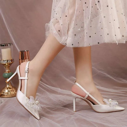 White Butterfly-Knot Wedding Satin High Heels Women New Bridal Shoes Fairy Wind Kq8