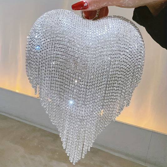 Glamorous Rhinestone Heart Clutch - Sparkling Evening Bag with Tassel Accent - Perfect for Wedding & Party Events - Secure Top Ring Closure