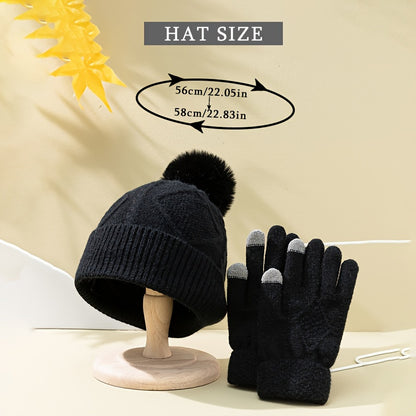 2pcs Winter Gloves Beanie Set Black Rhombus Ribbed Knit Hats Beanie With Pom Elastic Warm Coldproof Mittens For Women Daily Use Outdoor