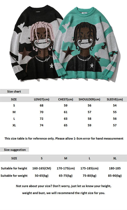 Harajuku Vintage Cartoon Anime Knitted Sweater Men Women Winter Oversized Rock Hip Hop Rap Pullover Jumper Sweater