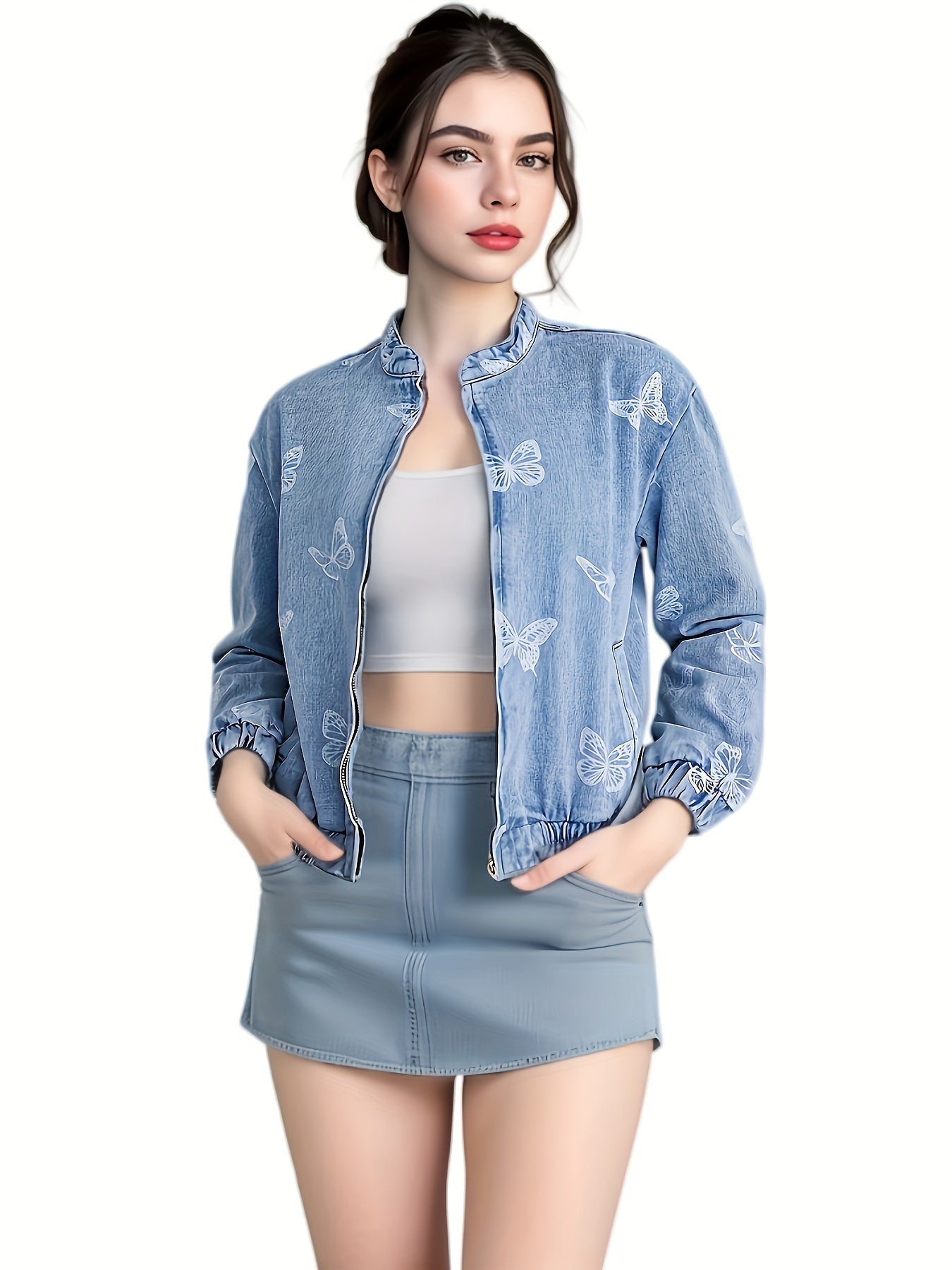 Women's Casual Style Denim Jacket with Zipper Closure, Light Blue with White Butterfly Print, Fashionable Jean Top for Everyday Wear