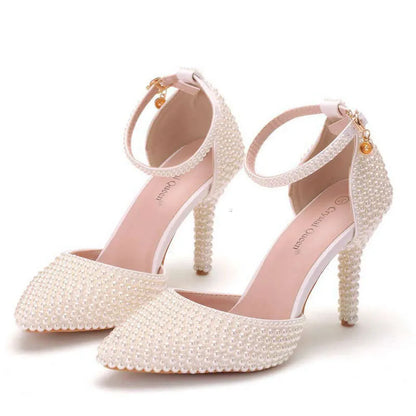 White Pearl Pointed High Fine Heel Sandals Female Bride Wedding Shoes Party Banquet Kq8