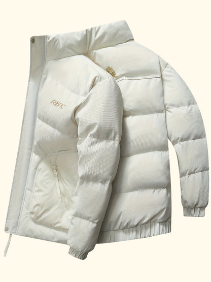 Men's Casual White Duck Down Jacket, Warm Stand Collar Waterproof Zipper Pockets Puffer Coat For Fall Winter