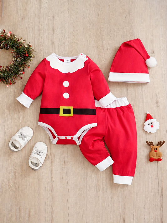 Santa Claus Dress Up Costume Christmas Series Cotton Jumpsuit With Free Hat Set, Toddler Baby's Party Spring Fall Clothes