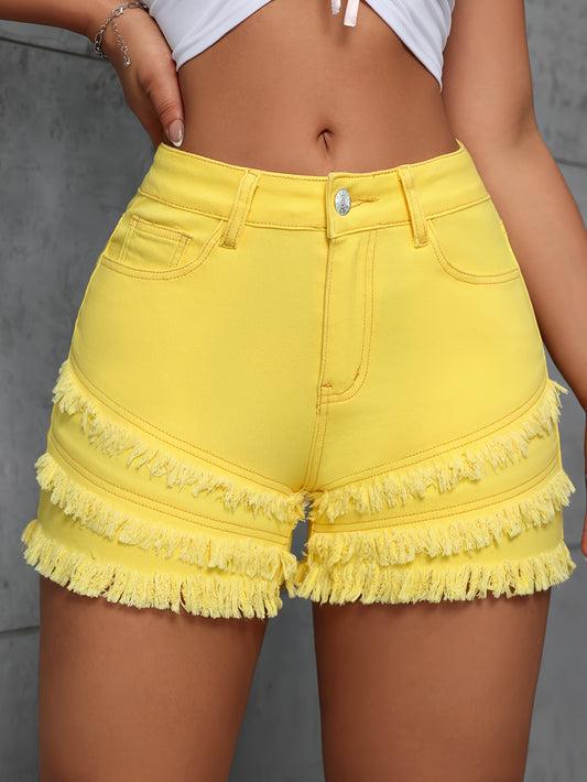 Womens High Stretch Yellow Solid Color Frayed Hem Denim Shorts - Elegant Fashionable Summer Shorts with Button Closure, Casual Chic Streetwear Style - Perfect for Spring and Summer Seasons