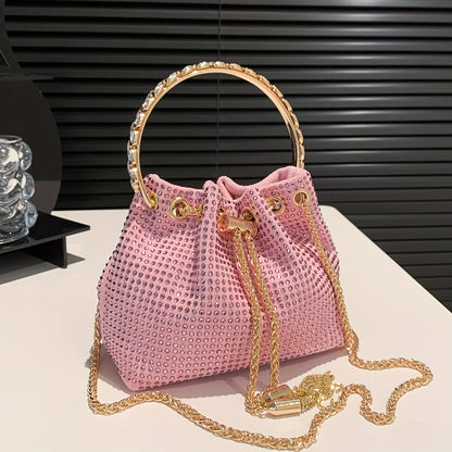 Elegant Sparkling Rhinestone Bucket Bag | Secure Drawstring Polka Dot Satchel | Luxury Evening Shoulder Chain Bag