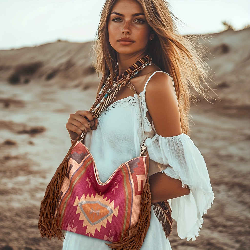 Boho Ethnic Pattern Shoulder Bag for Women with Fringe Decoration and Travel Function