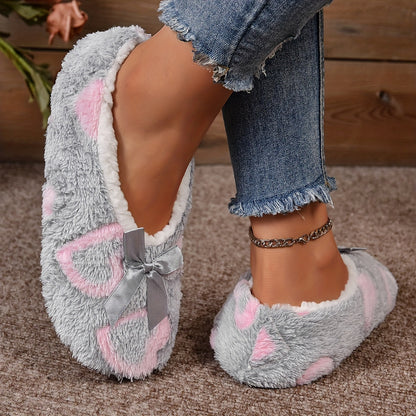 Cozy Heart Print Bowknot Slippers - Soft, Warm, and Plush Lined for Winter Bedroom Comfort - Flat Sole, Home Shoes for Relaxation and Leisure